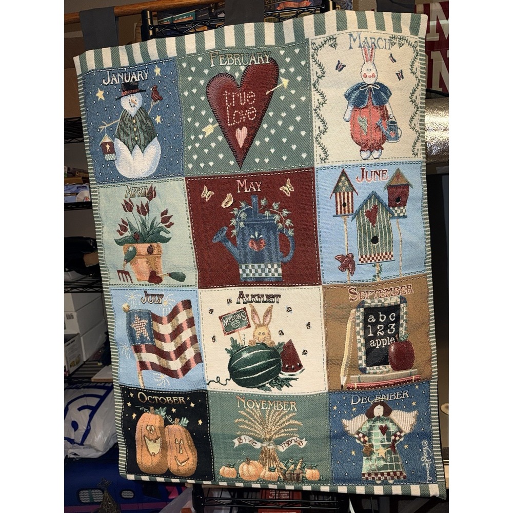 Vintage Heartland 12 Month Seasons Tapestry Wall Hanging w/ Wood Rod